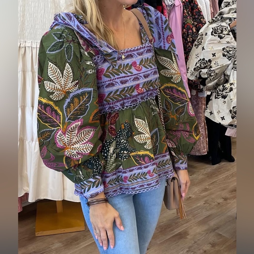 Farm Rio Top Tropical Multi Green Wild Jungle Blouse Long Puff